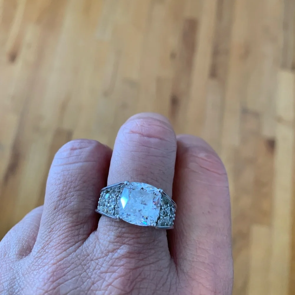 Sterling Silver 925 Cubic Zirconia cushion cocktail ring with pave stones, sz 9